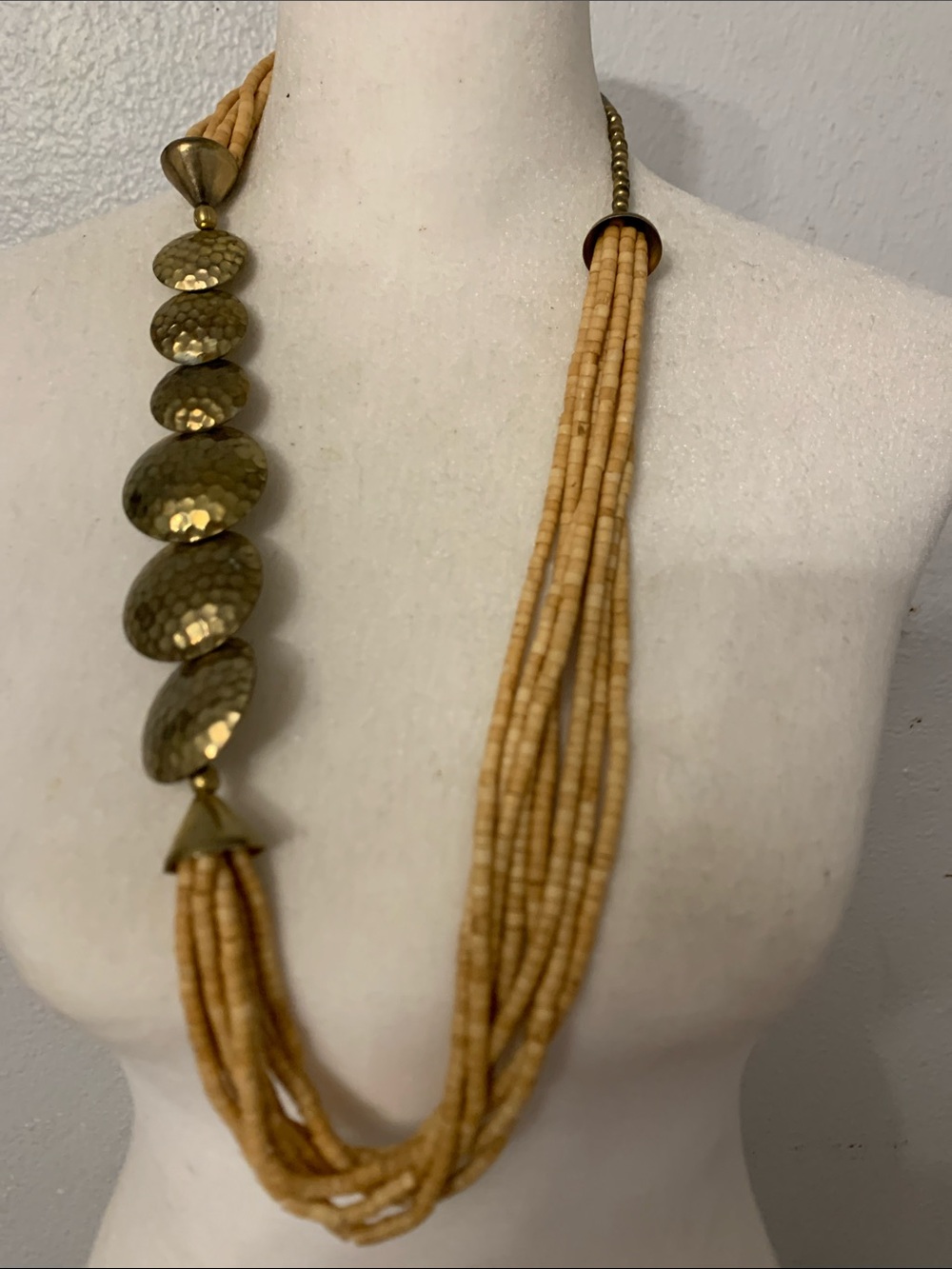 Unique VTG Asymptomatic Ethnic Tribal Gold and Tan Beaded Multi-Strand Necklace